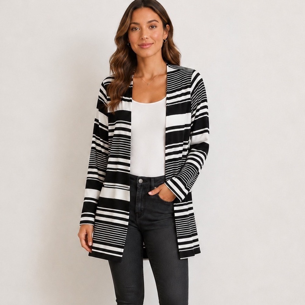 Olivia Rae Womens Black White Striped Open Front Ribbed Knit Cardigan Large